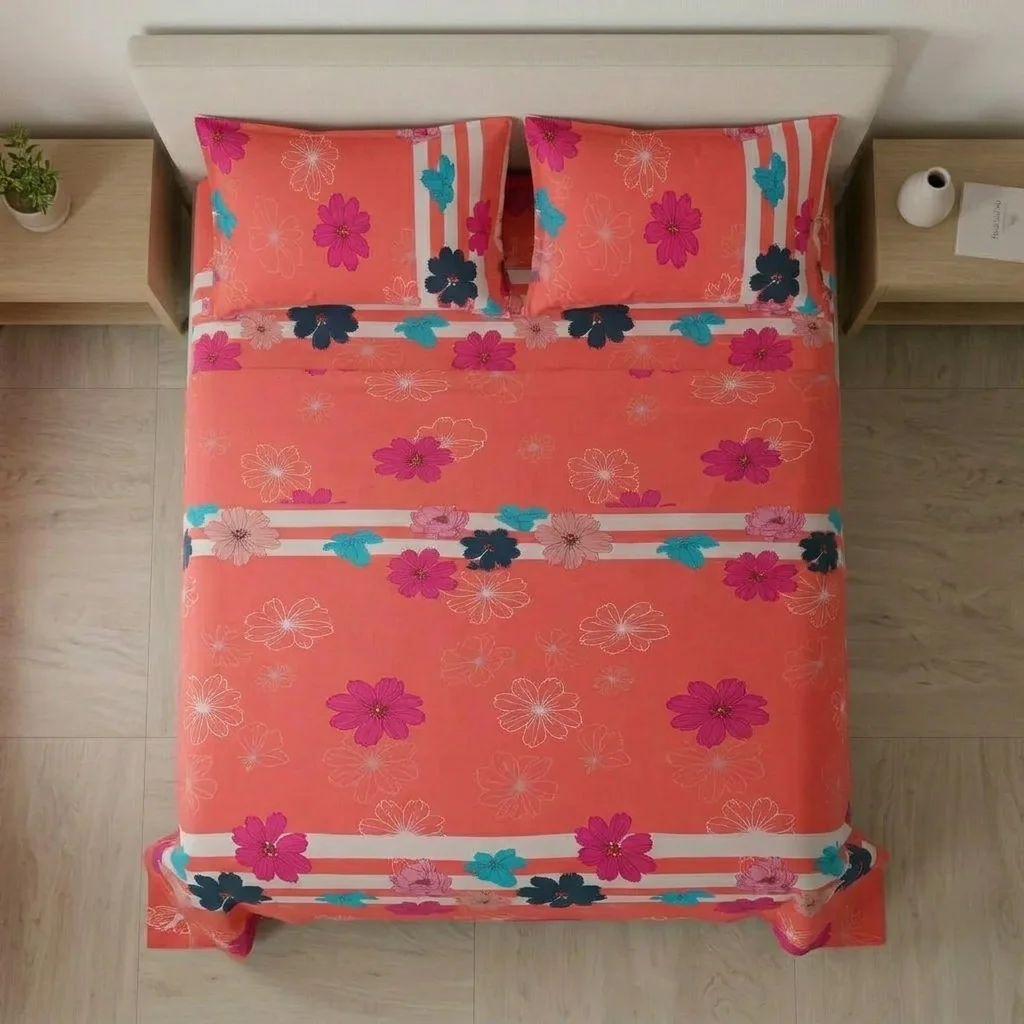 Juego De Sábanas Con Cortinas Salmón Patrón Flores Ultra Suave-2