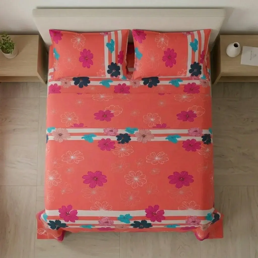 Juego De Sábanas Con Cortinas Salmón Patrón Flores Ultra Suave-2