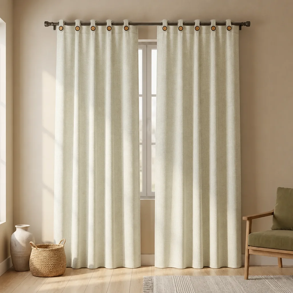 Cortina Arpillera Ancestral Botón Beige De Lujo