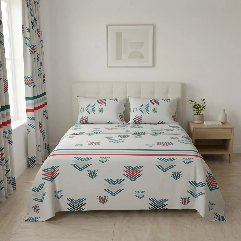 Juego De Sábanas Con Cortinas  Flechas En Fondo Blanco Ultra Suave-3