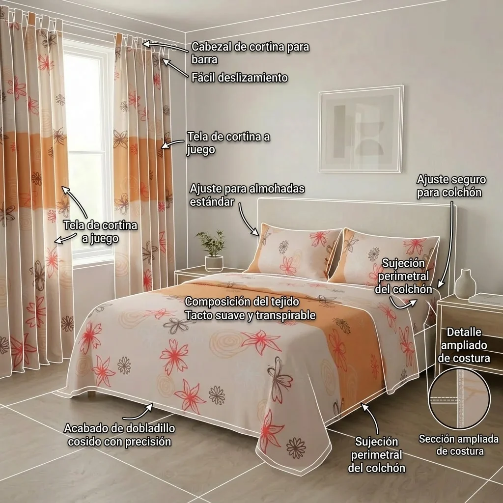 Juego De Sábanas Con Cortinas Naranja Patrón Flores Ultra Suave-6