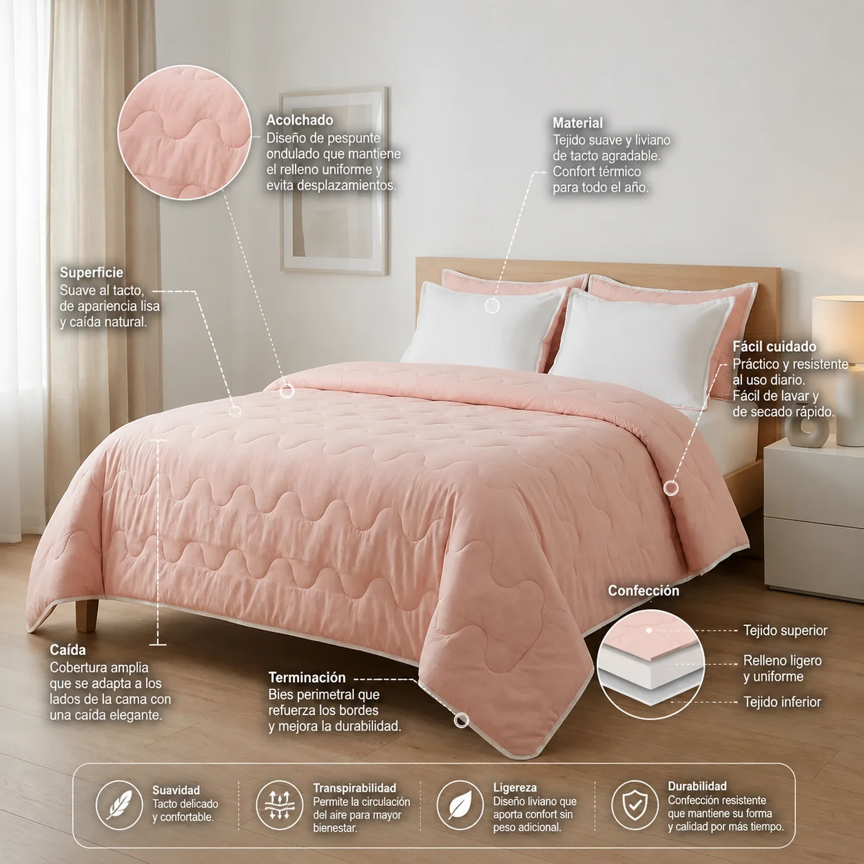 Cubrelecho Acolchado Cotton Sense Solo Fondo Rosa -Blanco-6