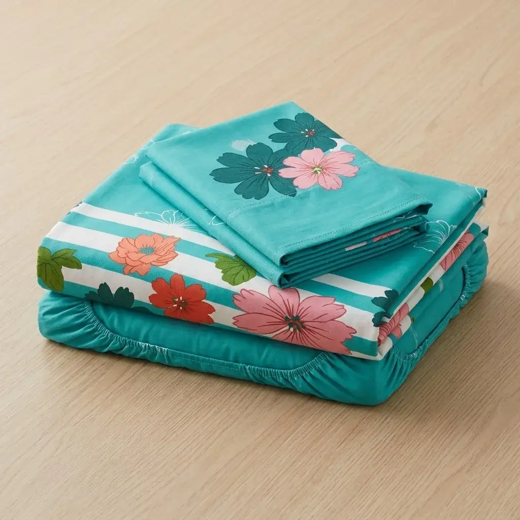 Juego De Sábanas Con Cortinas Flores En Fondo Aguamarina Ultra Suave-5