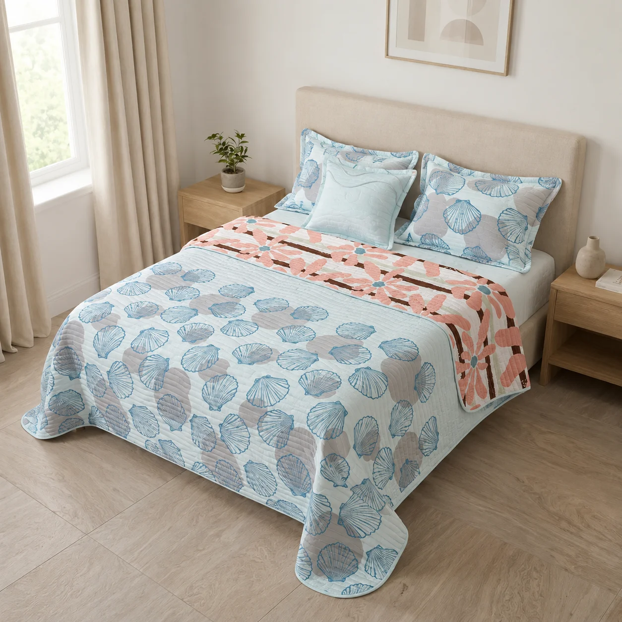 Cubrelecho Estampado Prensado Doble Faz Costa Aqua