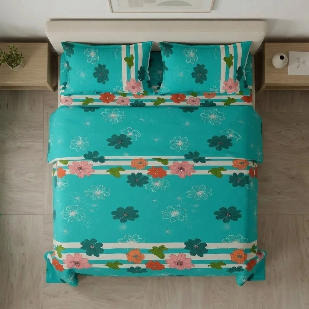 Juego De Sábanas Con Cortinas Flores En Fondo Aguamarina Ultra Suave-2