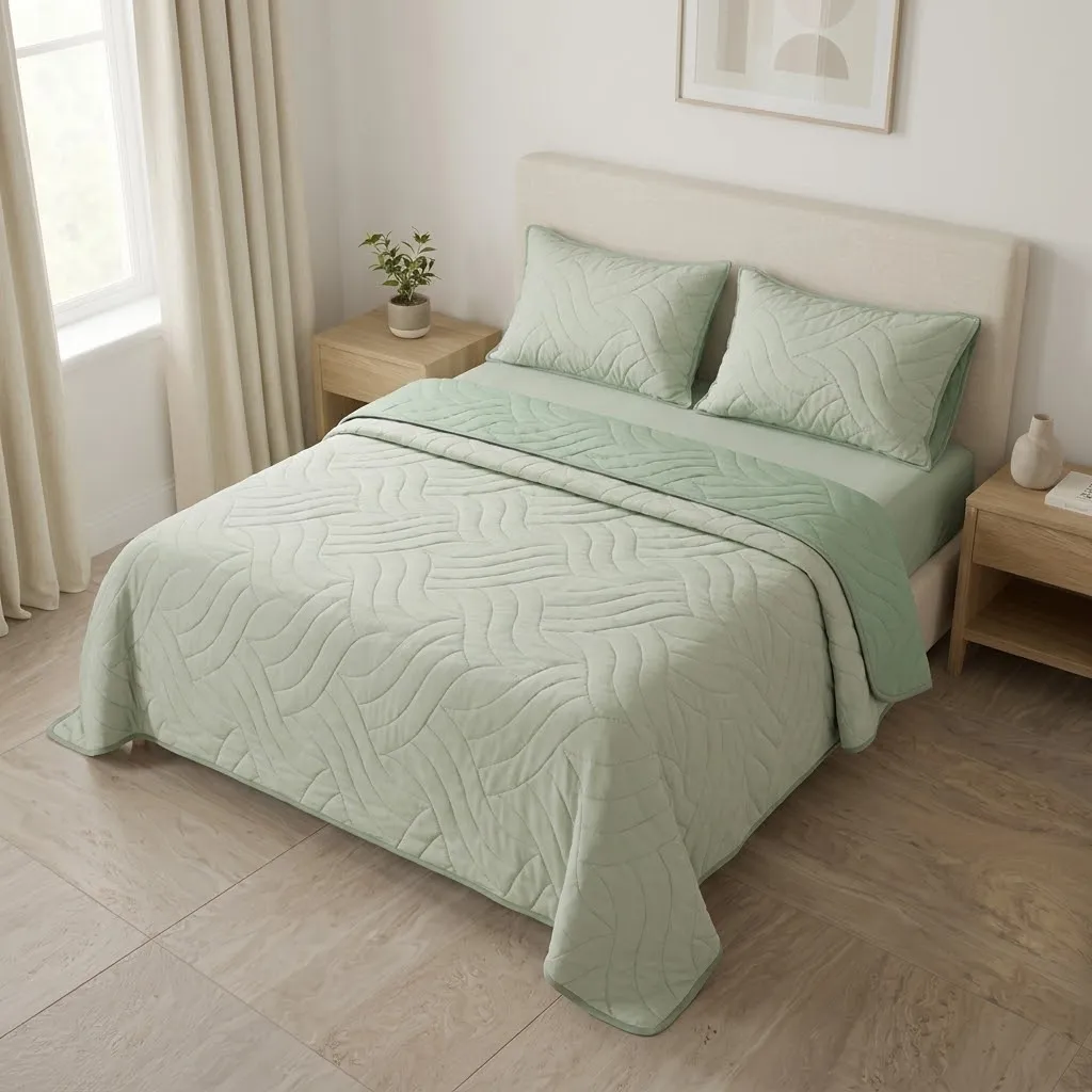 Cubrelecho Doble Faz Termosellado Básico Verde Y Beige De Lujo