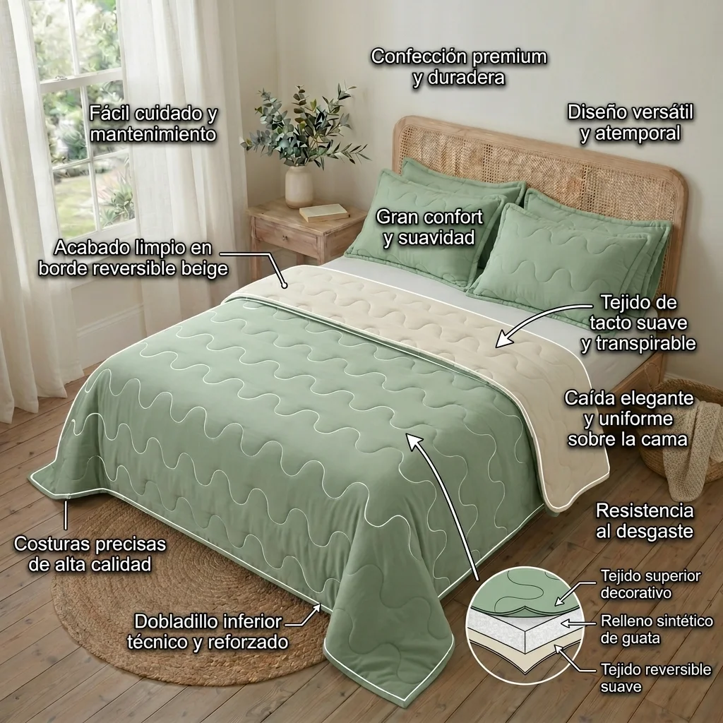 Cubrelecho Acolchado Cotton Sense Solo Fondo Verde -Beige-6