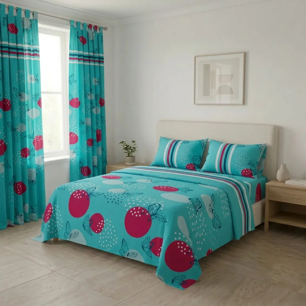 Juego De Sábanas Con Cortinas Aguamarina Mariposas Ultra Suave