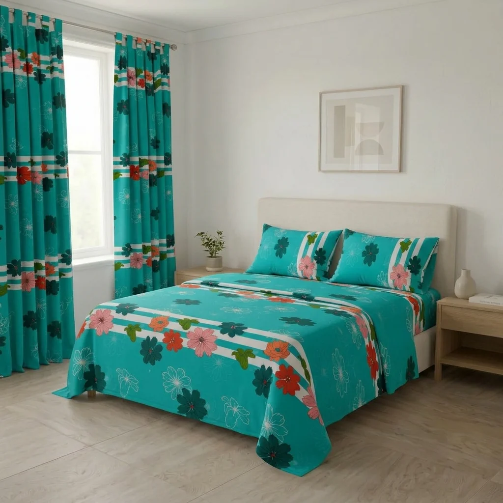 Juego De Sábanas Con Cortinas Flores En Fondo Aguamarina Ultra Suave