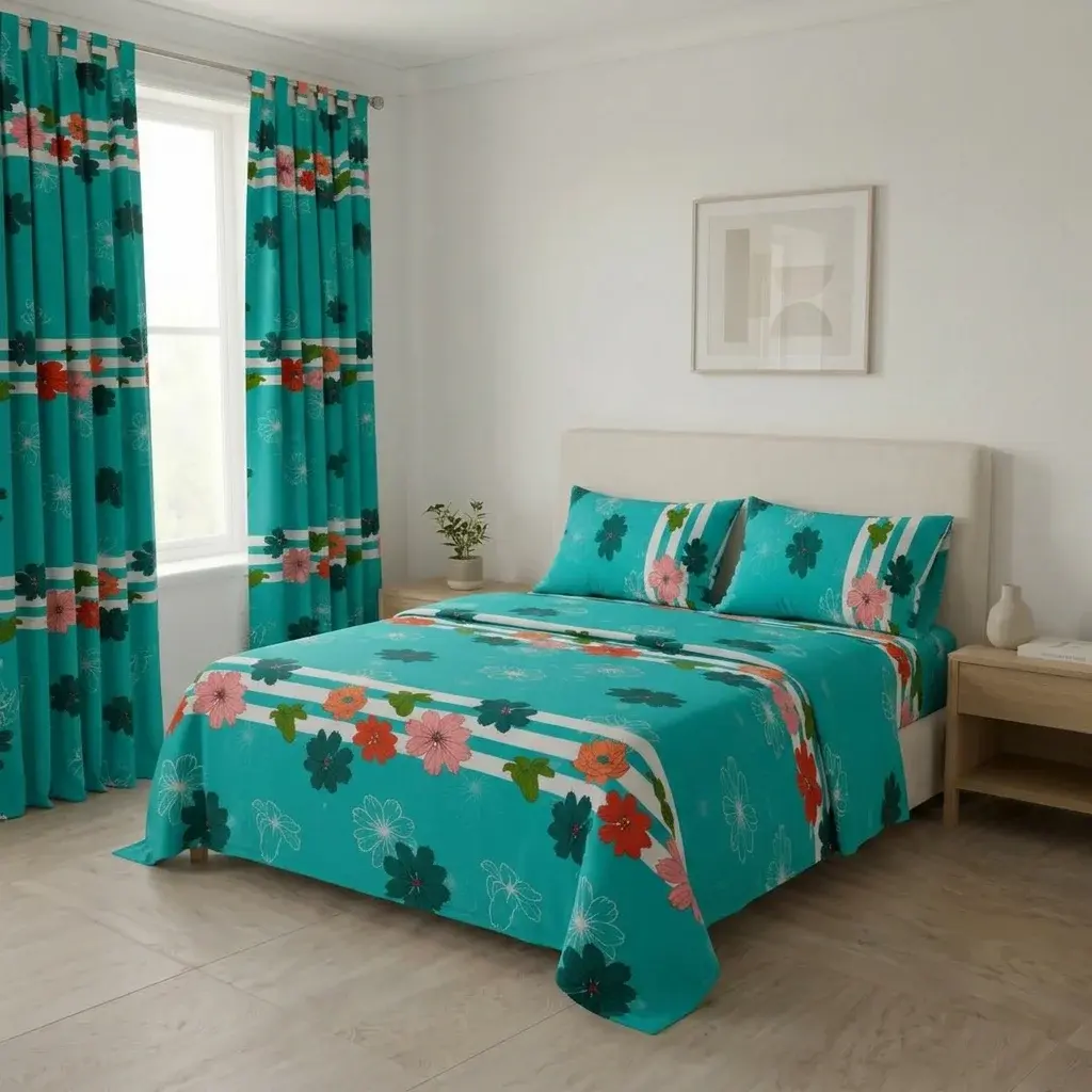 Juego De Sábanas Con Cortinas Flores En Fondo Aguamarina Ultra Suave