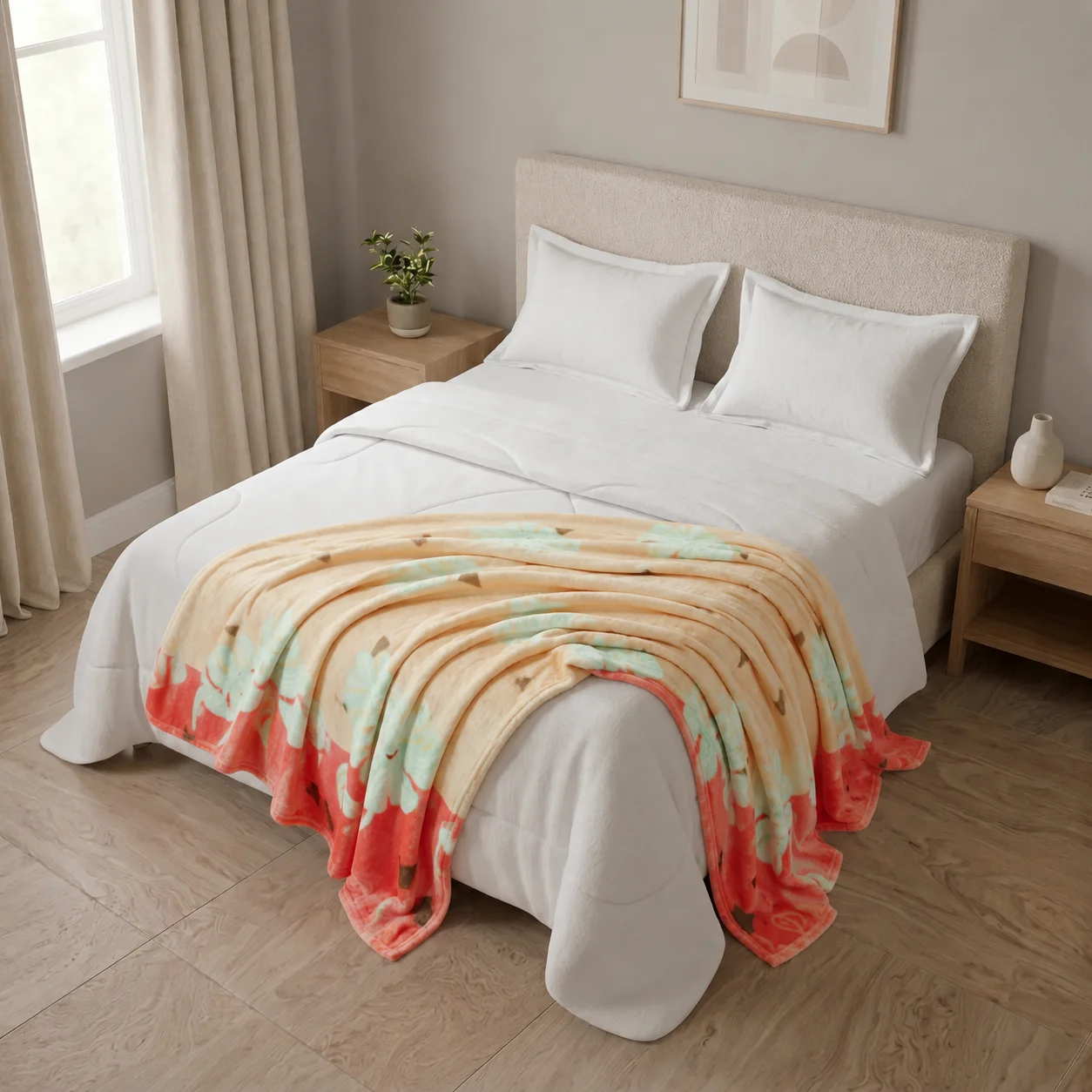 Cobija Piel De Durazno Estampada Bosque Salmon