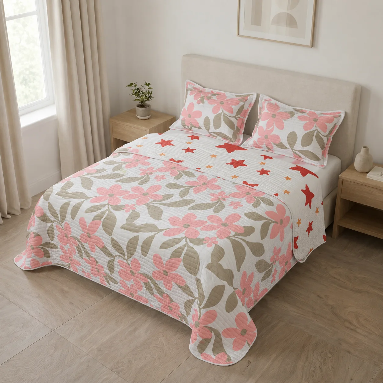 Cubrelecho Estampado Prensado Doble Faz  Starry Rose