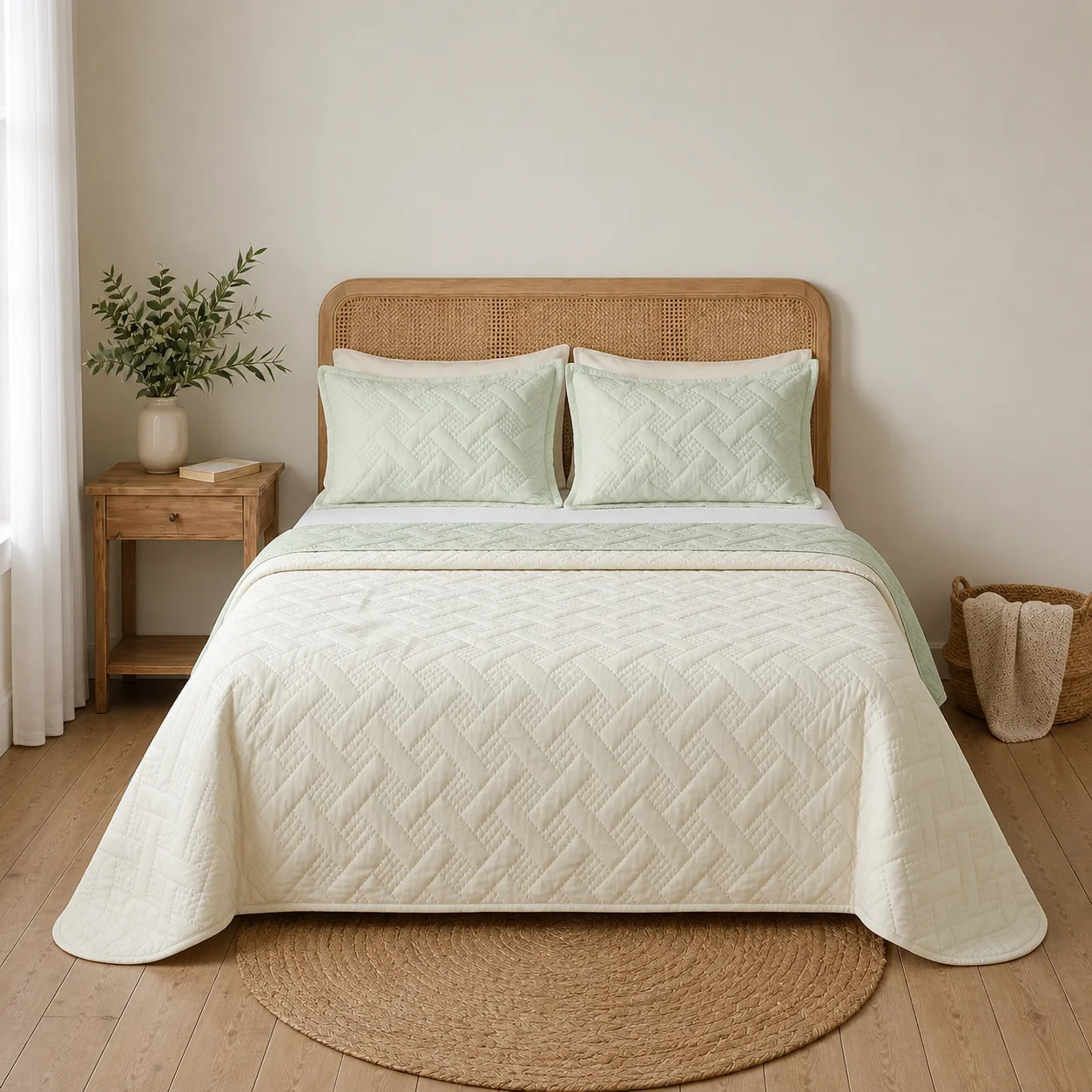 Cubrelecho Termosellado Cotton Sense Solo Fondo Beige - Verde-3