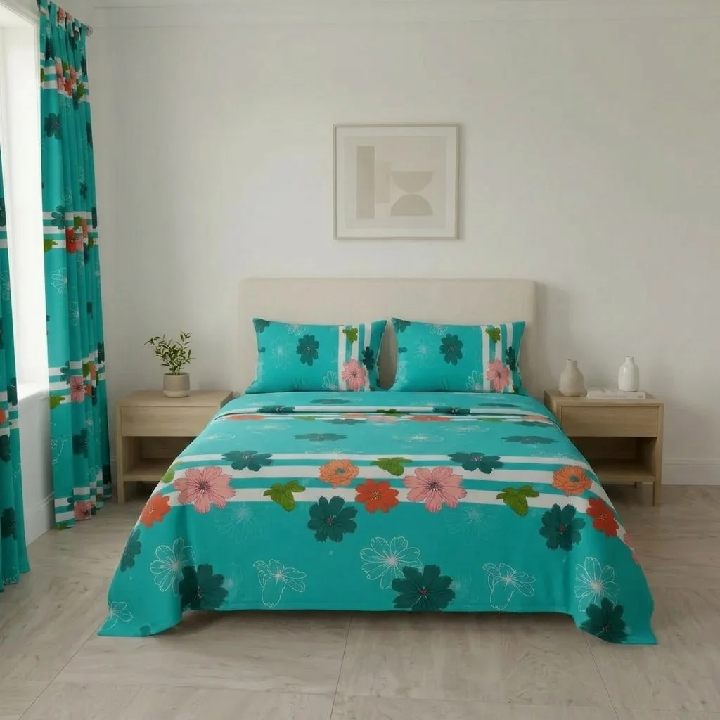 Juego De Sábanas Con Cortinas Flores En Fondo Aguamarina Ultra Suave-3