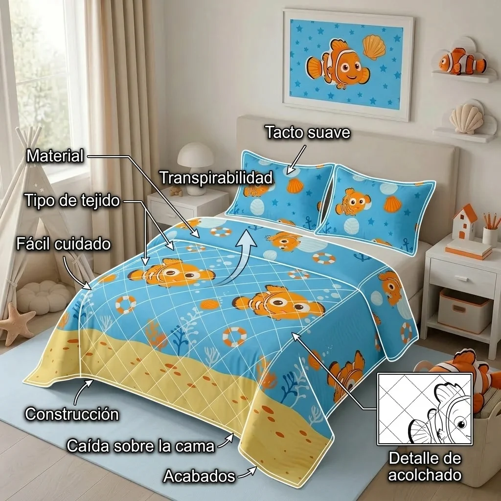 Cubrelecho Prensado Disney Buscando A Nemo Celeste Estampados Animados-6