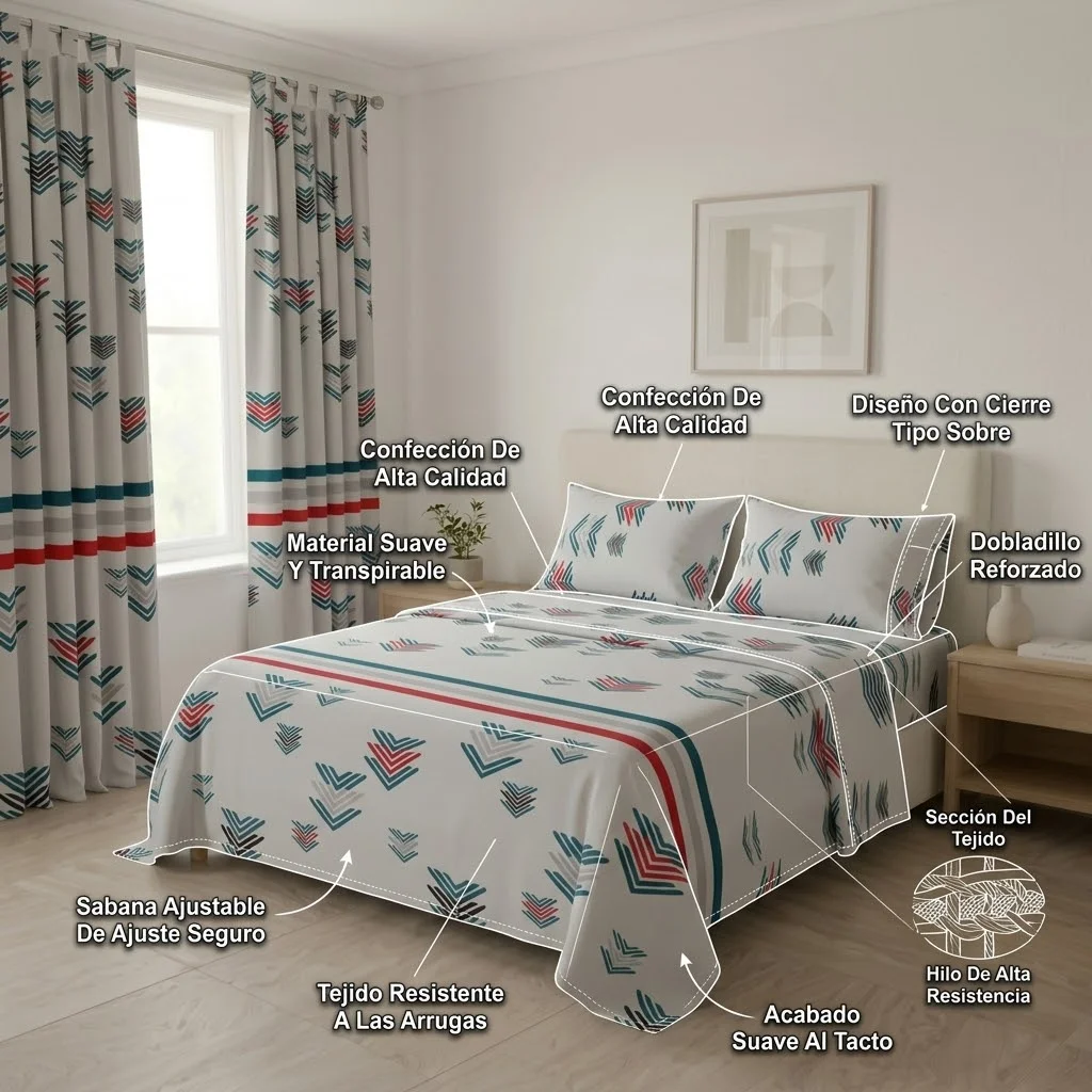 Juego De Sábanas Con Cortinas  Flechas En Fondo Blanco Ultra Suave-6