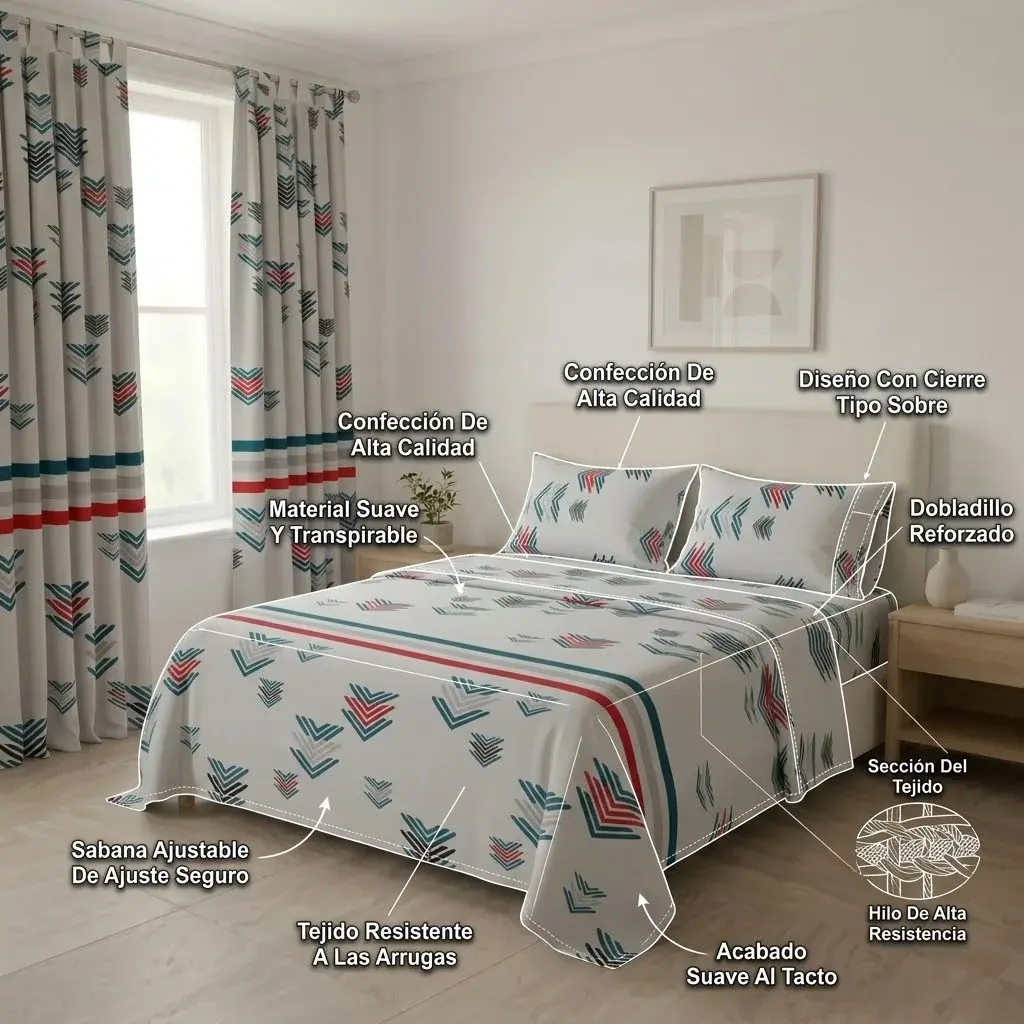 Juego De Sábanas Con Cortinas  Flechas En Fondo Blanco Ultra Suave-6