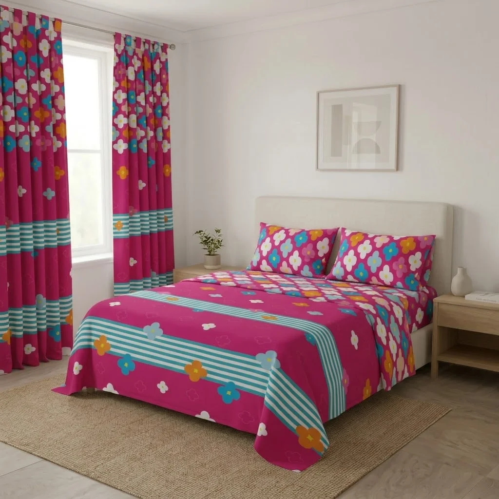 Juego De Sábanas Con Cortinas Fiesta Floral Fucsia