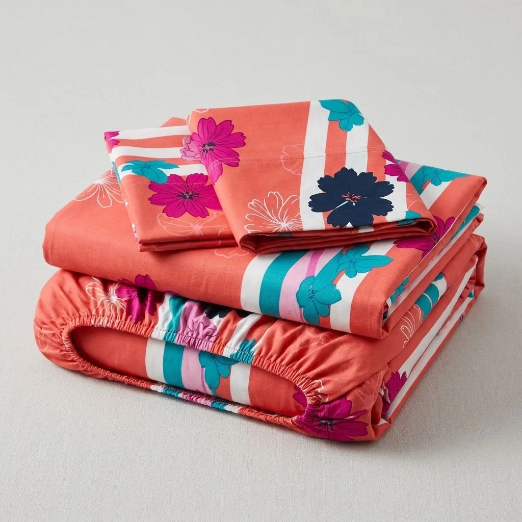 Juego De Sábanas Con Cortinas Salmón Patrón Flores Ultra Suave-5