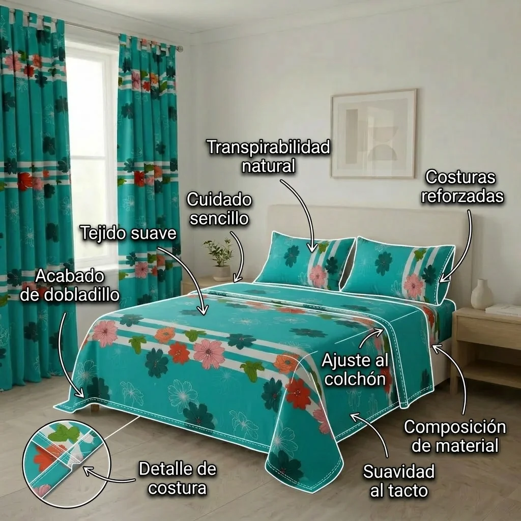 Juego De Sábanas Con Cortinas Flores En Fondo Aguamarina Ultra Suave-6