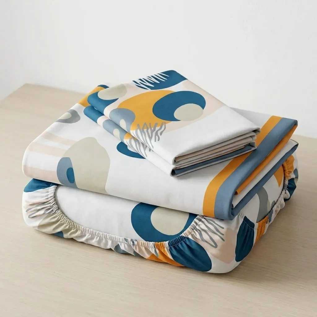 Juego De Sábanas Con Cortinas Blanco Patrón Círculos Azules Ultra Suave-5