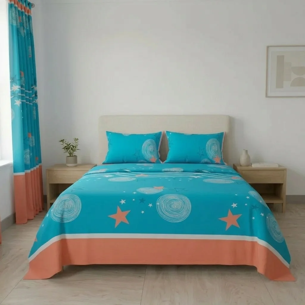 Juego De Sábanas Con Cortinas Azul Patrón Estrellas Ultra Suave-3