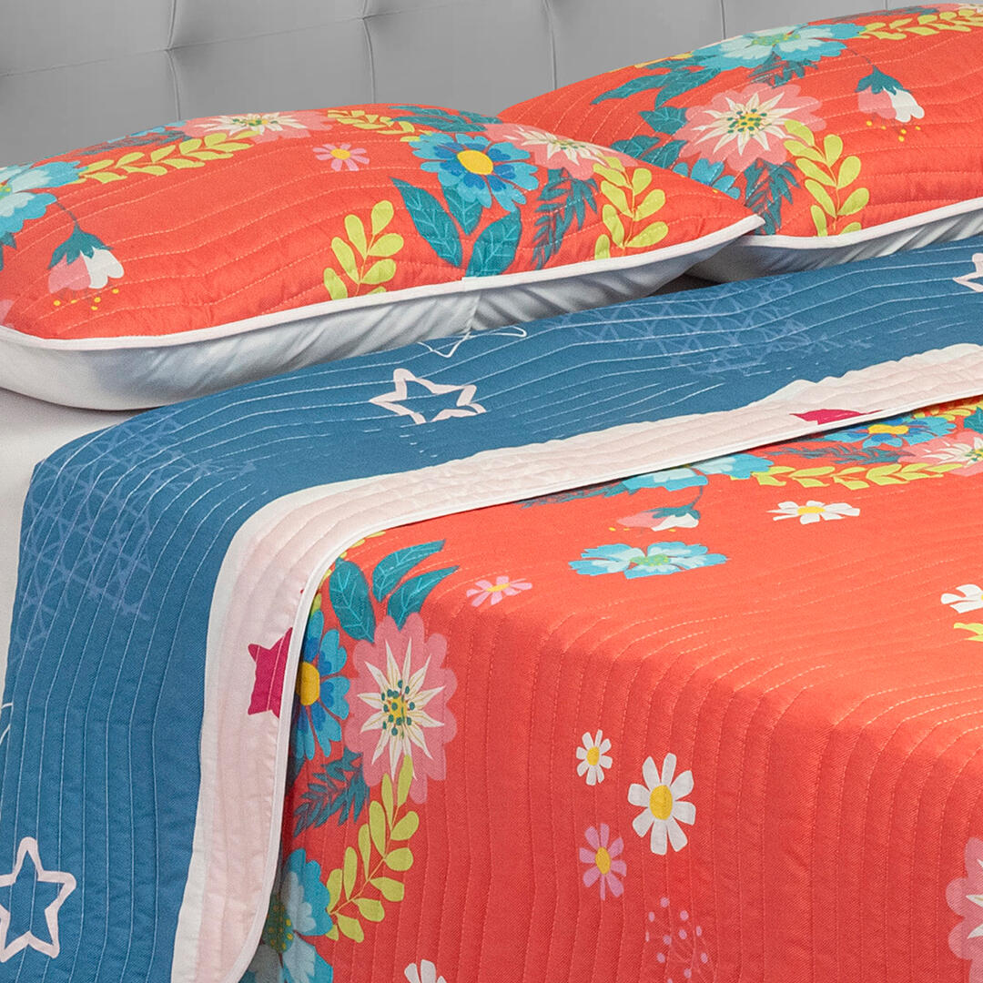 Cubrelecho Estampado Prensado Doble Faz Salmón Azul Patrón Floral-2
