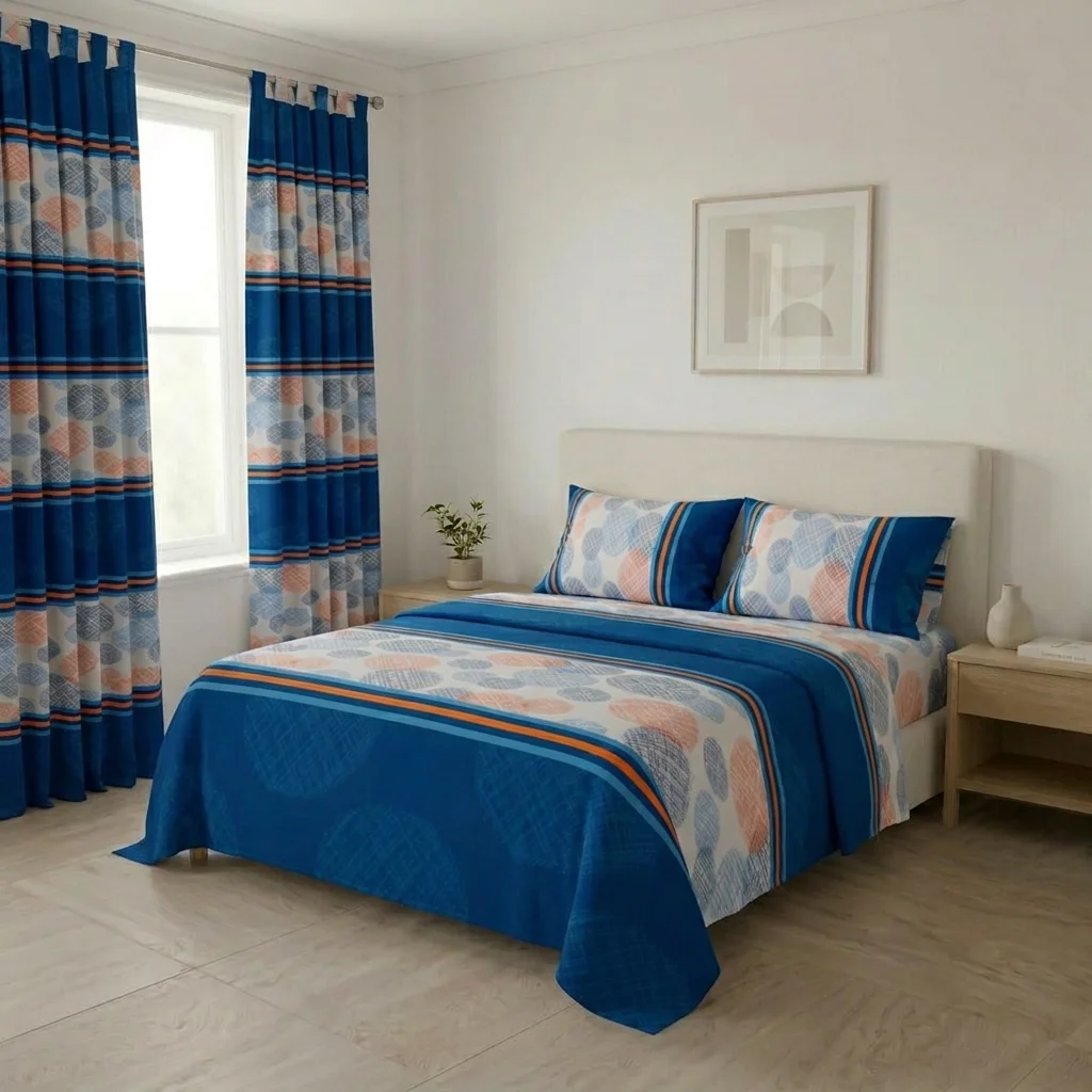 Juego De Sábanas Con Cortinas Azul Patrón Círculos En Rayas Ultra Suave