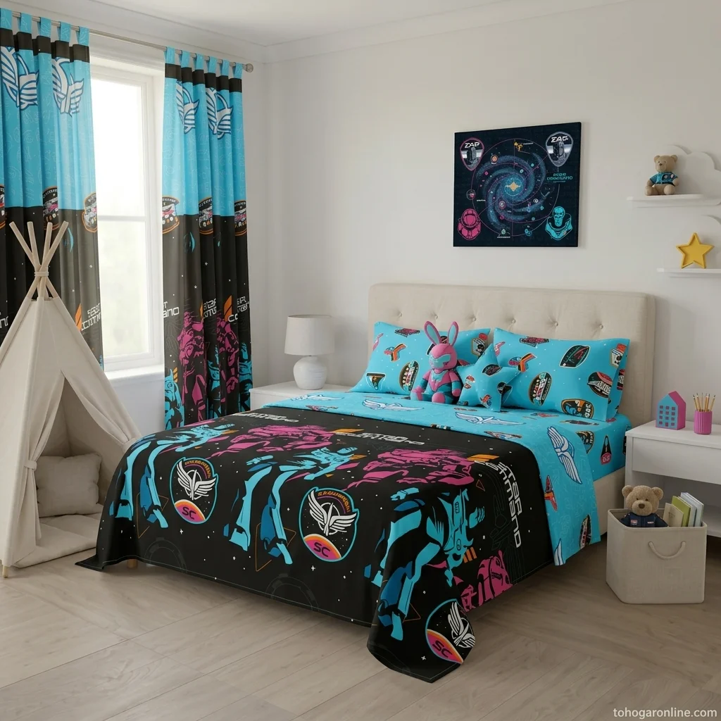 Juego De Sábana Con Cortina Disney Azul Celeste Buzz Ligthyear Estampados Animados