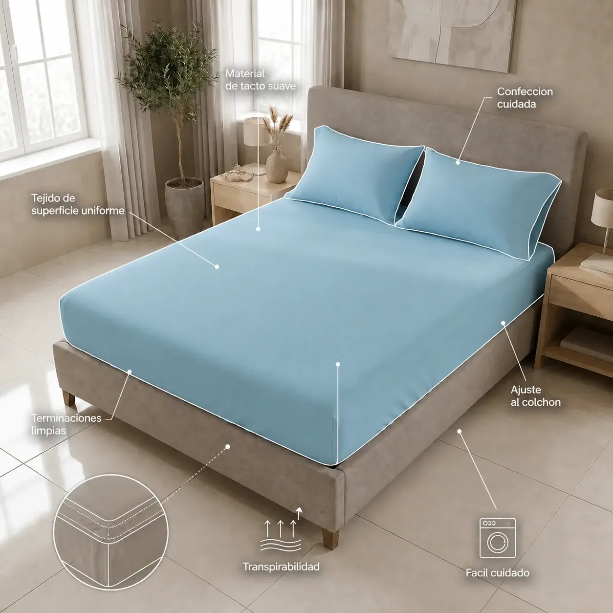 Sábana Ajustable Unicolor Microfibra Suavizada Azul-6
