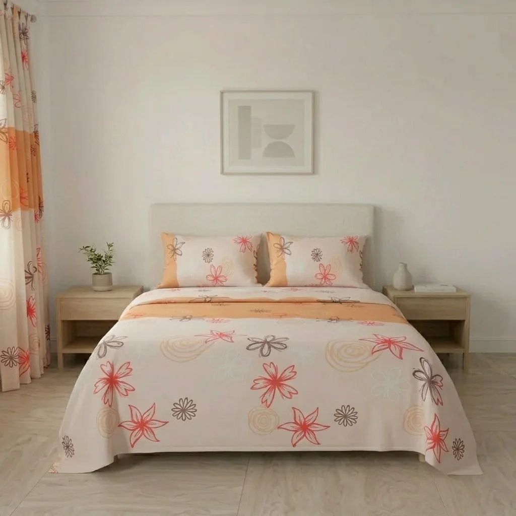 Juego De Sábanas Con Cortinas Naranja Patrón Flores Ultra Suave-3