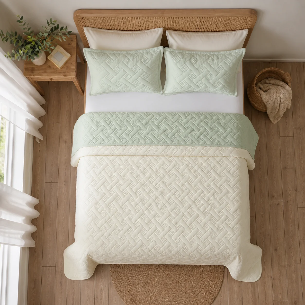 Cubrelecho Termosellado Cotton Sense Solo Fondo Beige - Verde-2