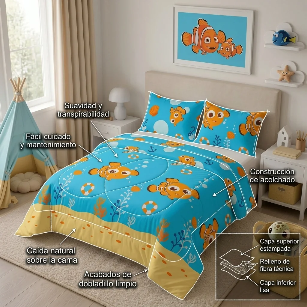 Cubrelecho Acolchado Disney Buscando A Nemo Celeste Estampados Animados-6