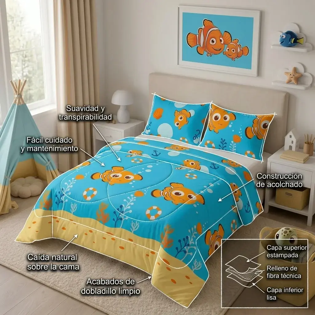 Cubrelecho Acolchado Disney Buscando A Nemo Celeste Estampados Animados-6