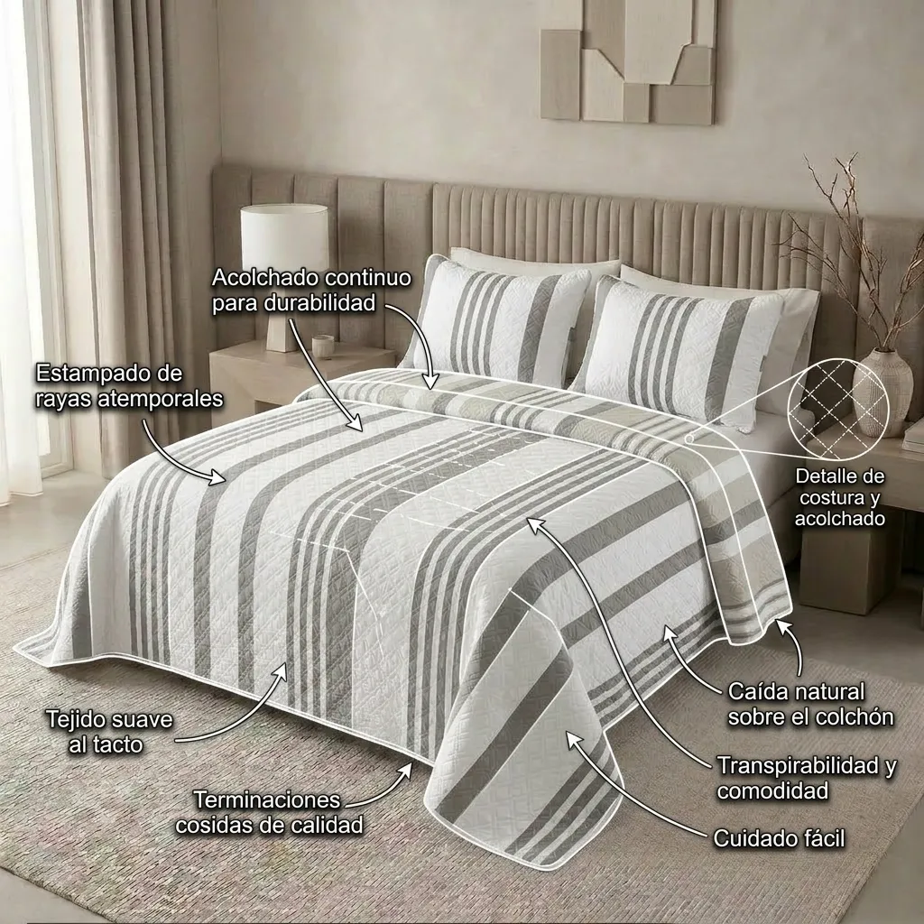 Cubrelecho Prensado Doble Faz Trama Líneas de Vanguardia Gris - Beige-6