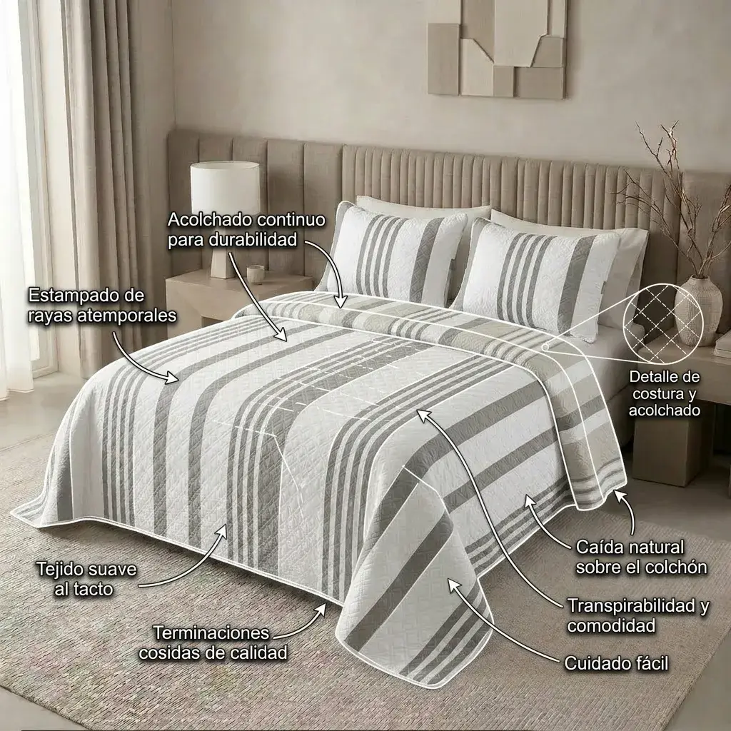 Cubrelecho Prensado Doble Faz Trama Líneas de Vanguardia Gris - Beige-6