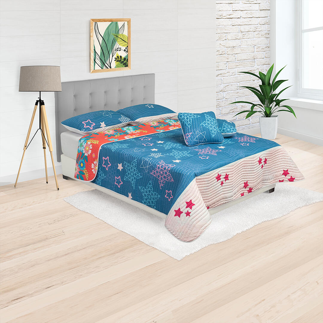 Cubrelecho Estampado Prensado Doble Faz Salmón Azul Patrón Floral-3