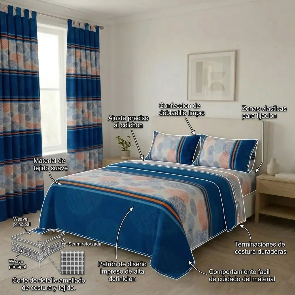 Juego De Sábanas Con Cortinas Azul Patrón Círculos En Rayas Ultra Suave-6