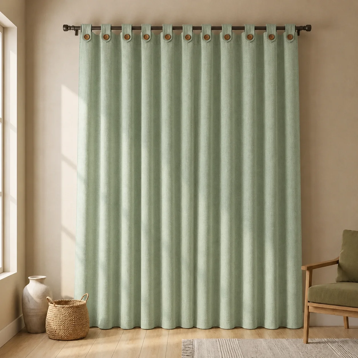 Cortina Lino Boton Ancestral Verde Neutrales-6