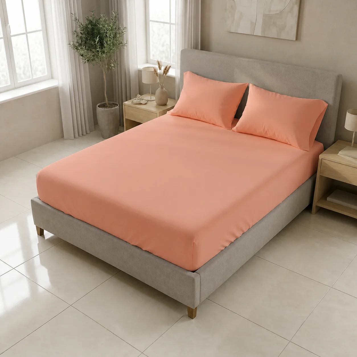 Sábana Ajustable Unicolor Microfibra Suavizada Mandarina