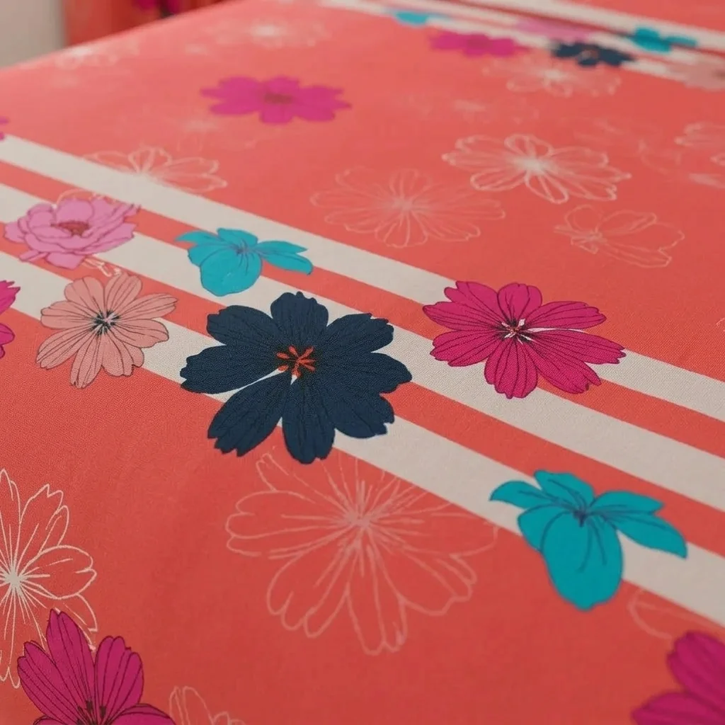 Juego De Sábanas Con Cortinas Salmón Patrón Flores Ultra Suave-4