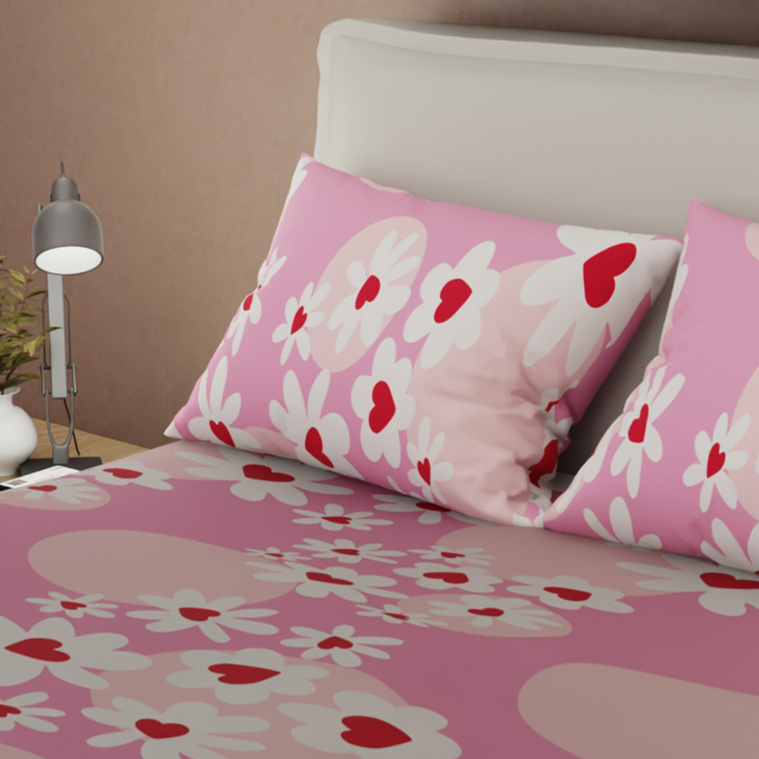 Juego de Sábanas Microfibra Suavizada Corazón  Floral Fucsia-2