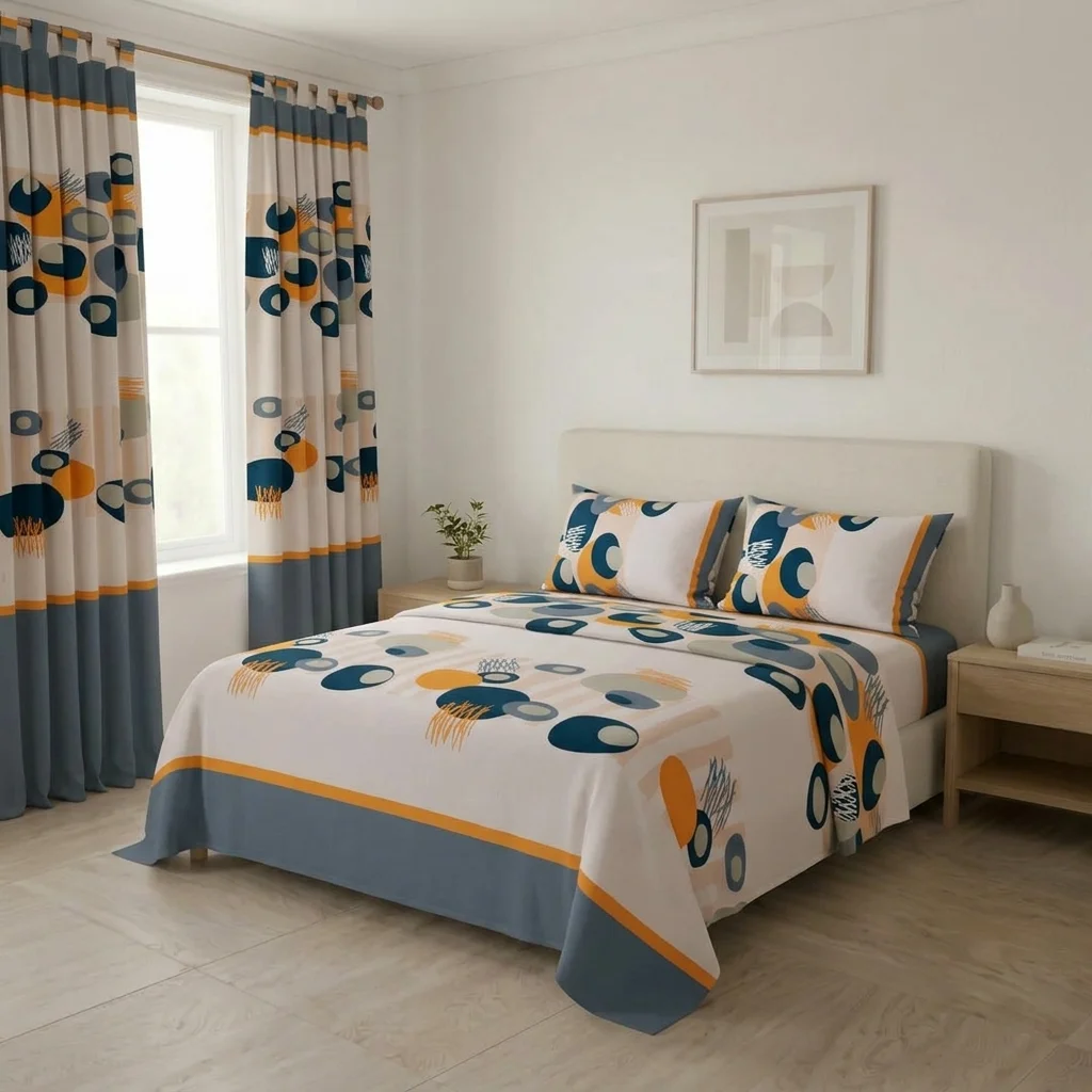 Juego De Sábanas Con Cortinas Blanco Patrón Círculos Azules Ultra Suave